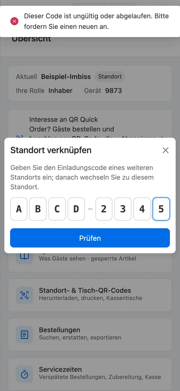 Hinweis: Code ungültig