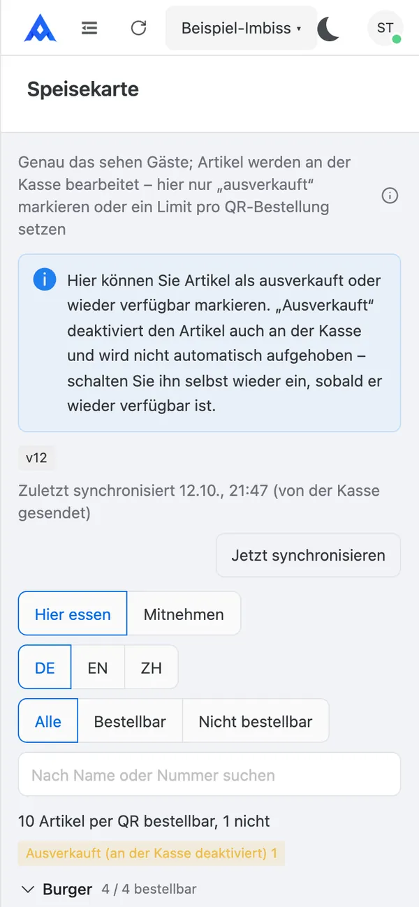 Vorschau der Speisekarte